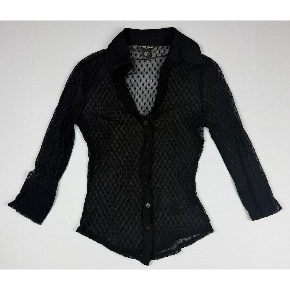 Guess Jeans Black Sheer Polka Dot Mesh Button-Up Blouse Size S Y2K Punk Goth